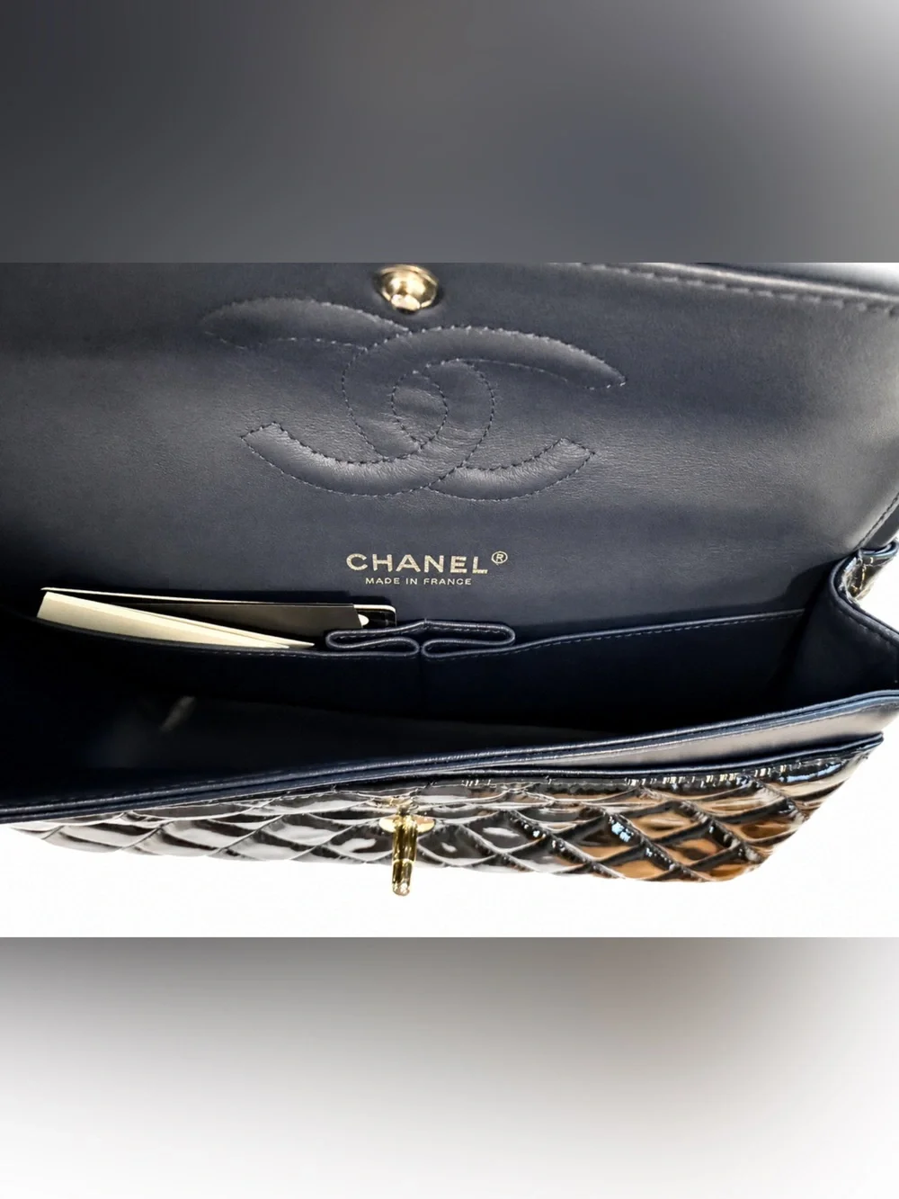 CHANEL Dark Green/Black Quilted Patent Leather Double Flap Bag with Chain Strap
